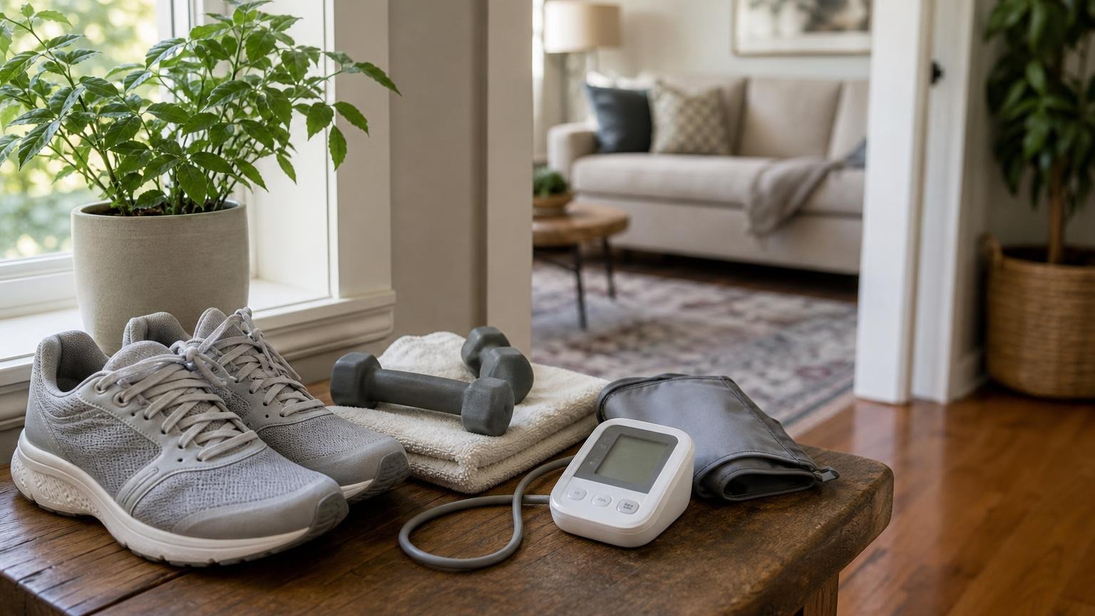 A person using an upper-arm blood pressure monitor at home after exercise with a towel and water bottle nearby