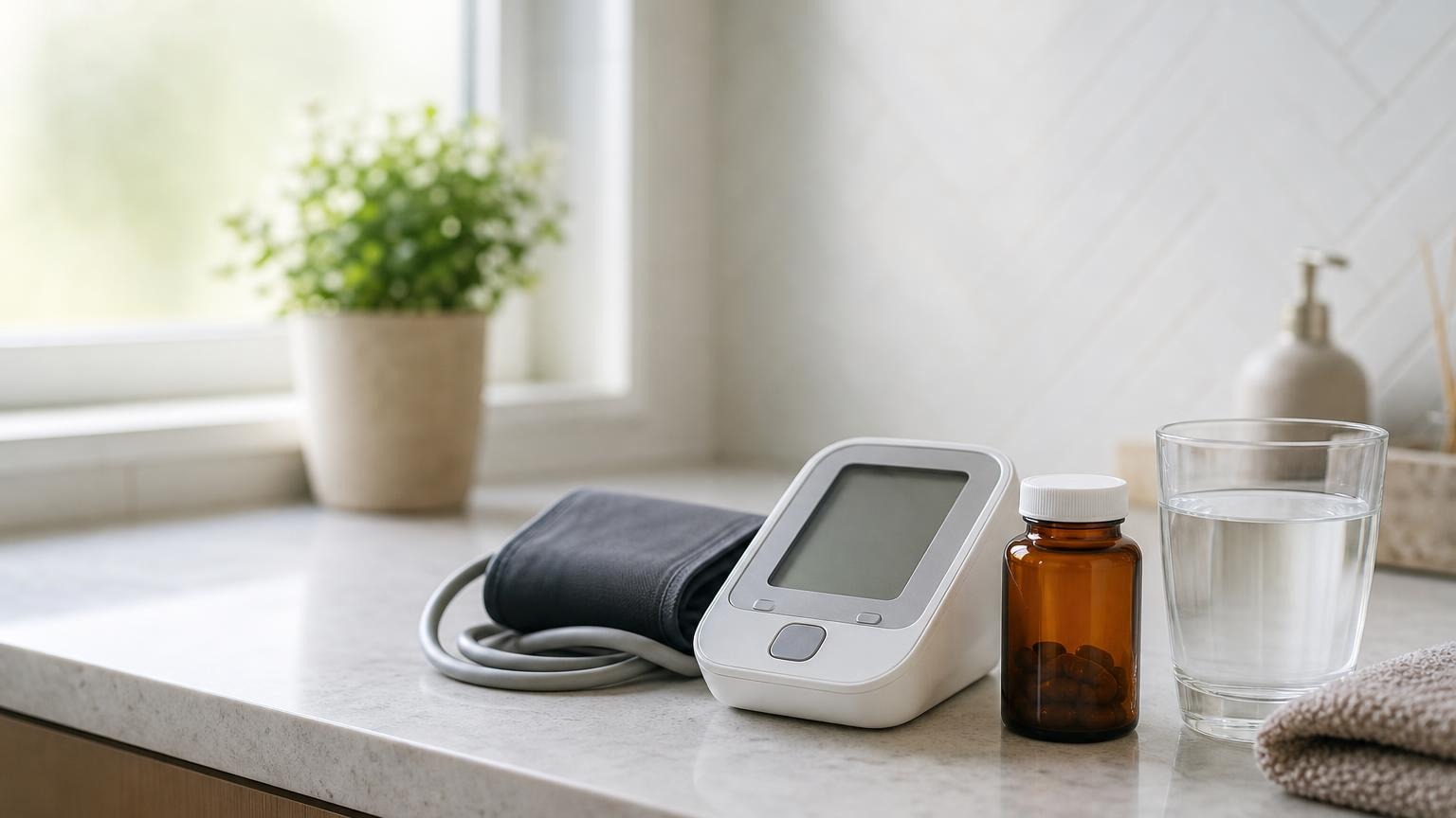 A home blood pressure monitor next to a pill organizer and handwritten log on a clean table
