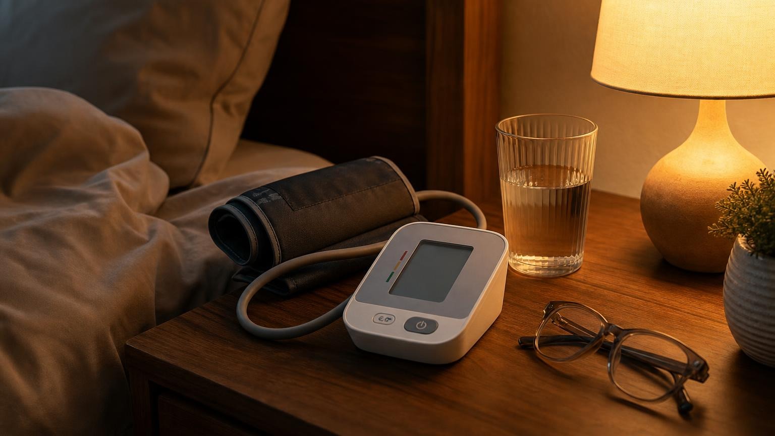 A home blood pressure monitor on a bedside table beside a lamp and glass of water
