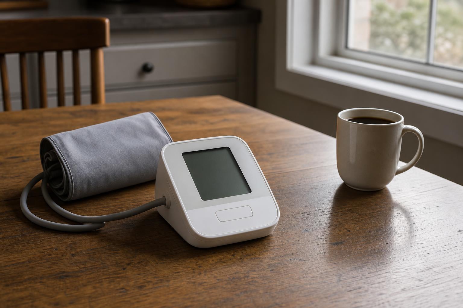A blood pressure monitor next to a cup of coffee on a table, illustrating the relationship between caffeine and blood pressure