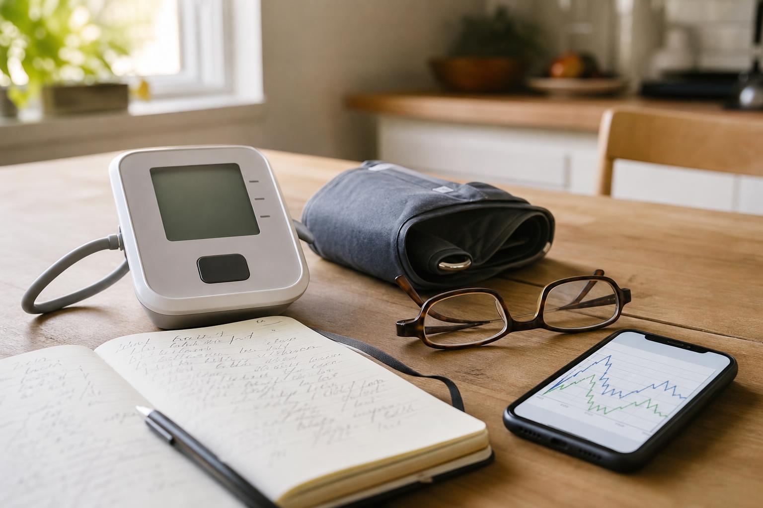 A home blood pressure monitor on a table near a bright window in a calm home setting