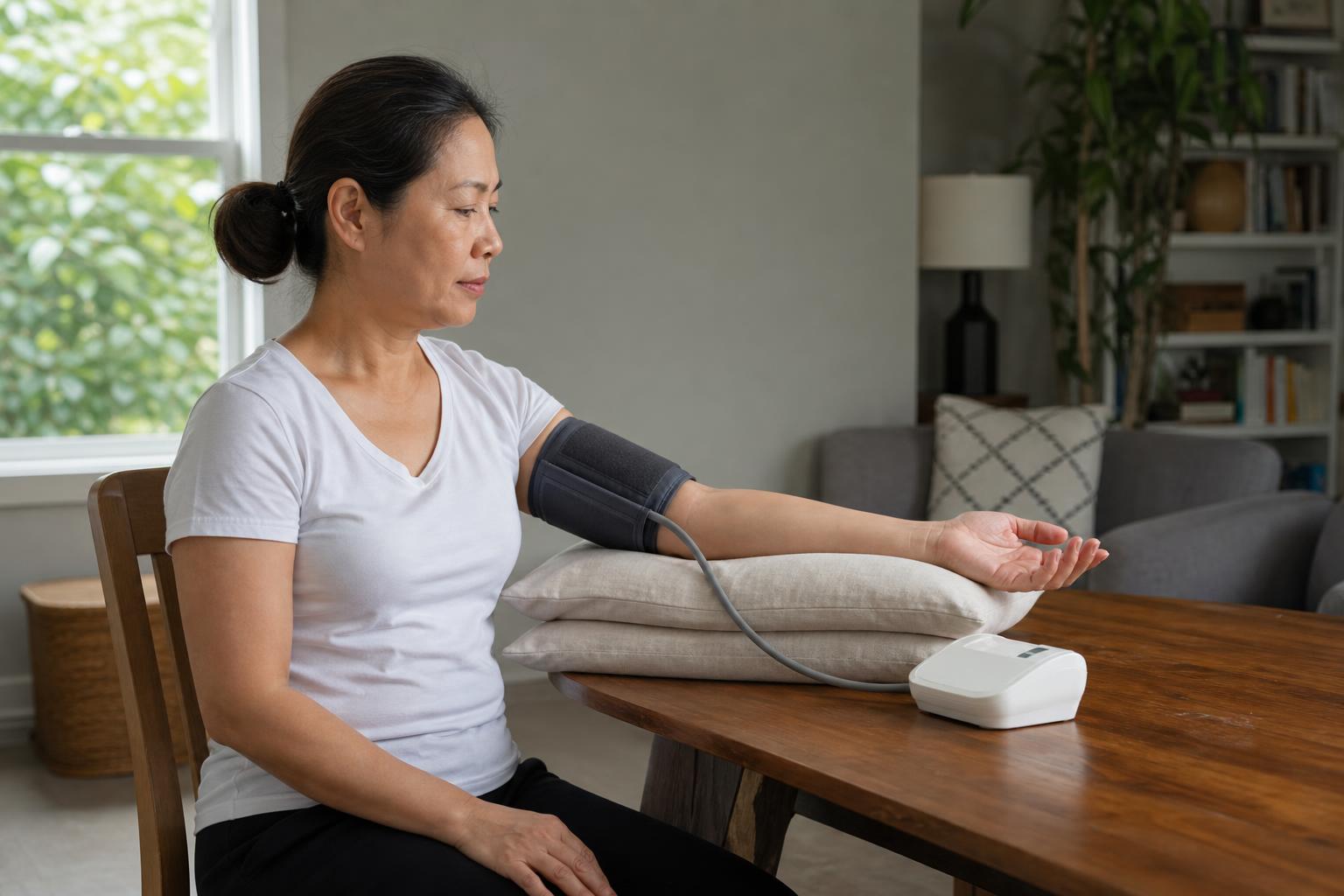 A person taking a home blood pressure reading with an upper-arm monitor in a bright home setting