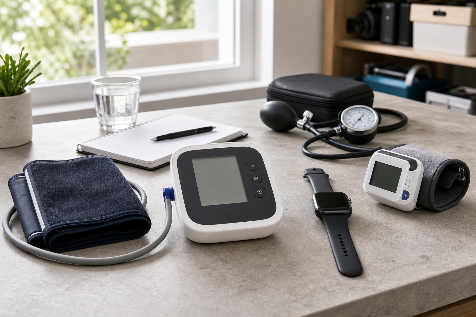 A realistic comparison setup showing an upper-arm cuff monitor as the most dependable home option, with alternative device styles nearby