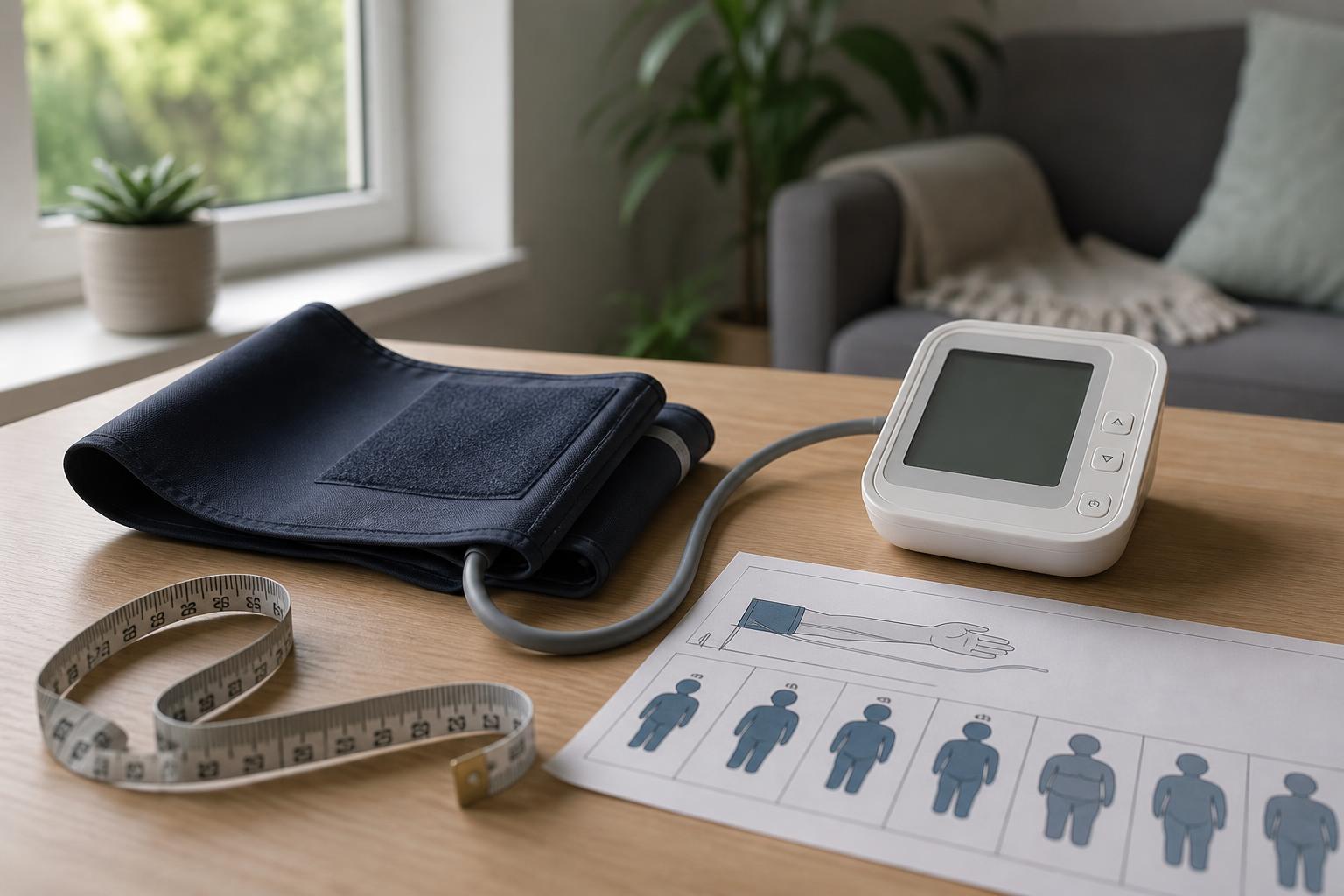 A home blood pressure cuff wrapped around an upper arm to illustrate proper cuff sizing