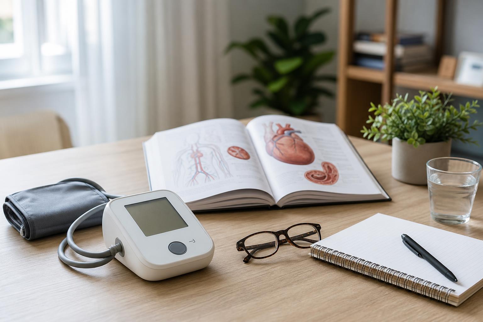 A home blood pressure monitor beside anatomy reading materials, illustrating the long-term organ strain caused by chronic high blood pressure