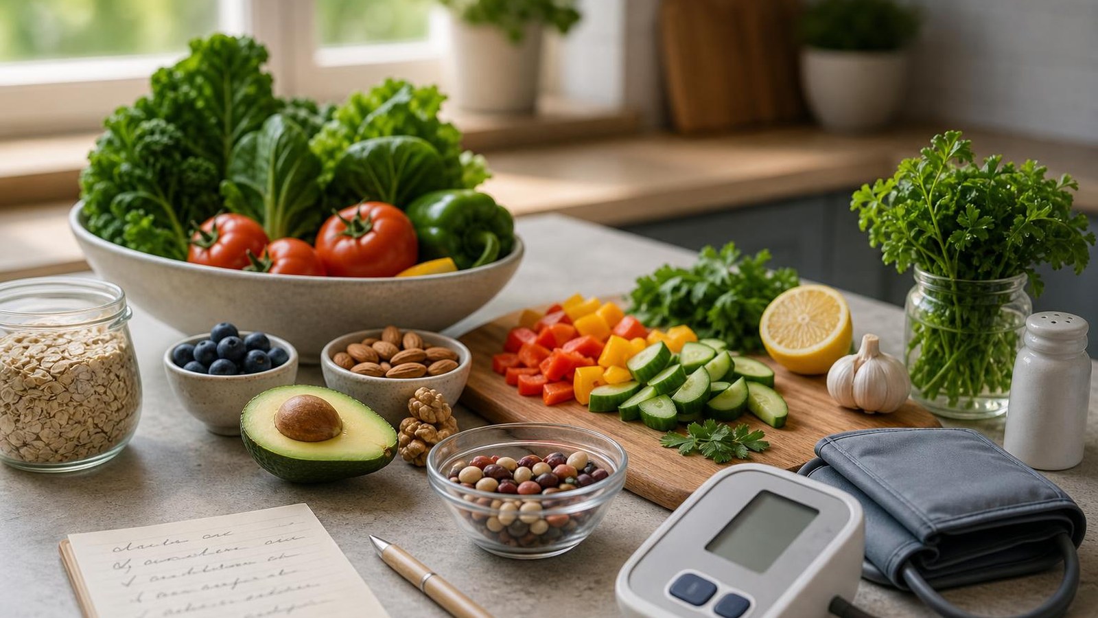 A home blood pressure monitor on a kitchen counter beside healthy foods and a notebook