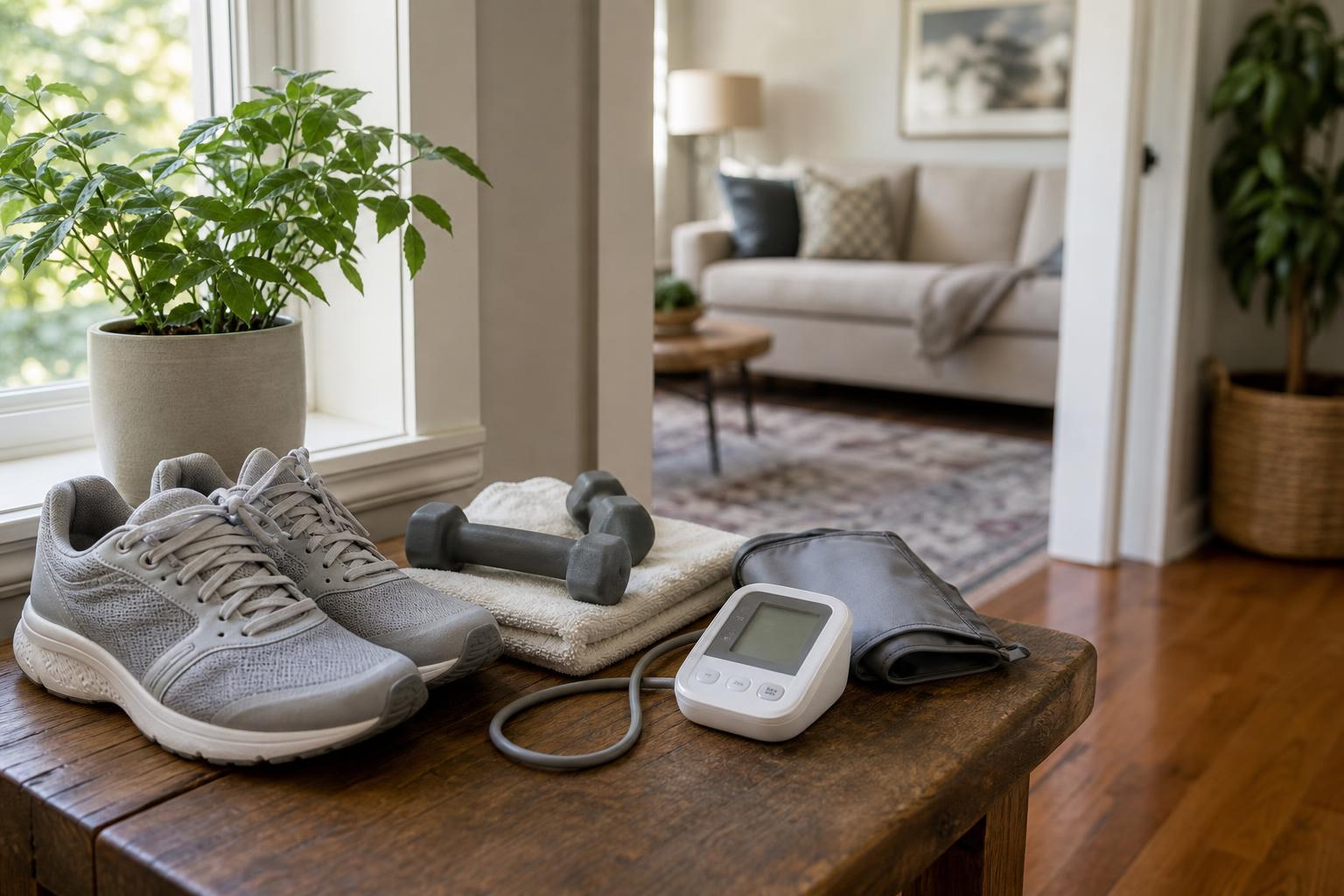 Person checking blood pressure with a home monitor after exercise, illustrating the relationship between physical activity and hypertension management