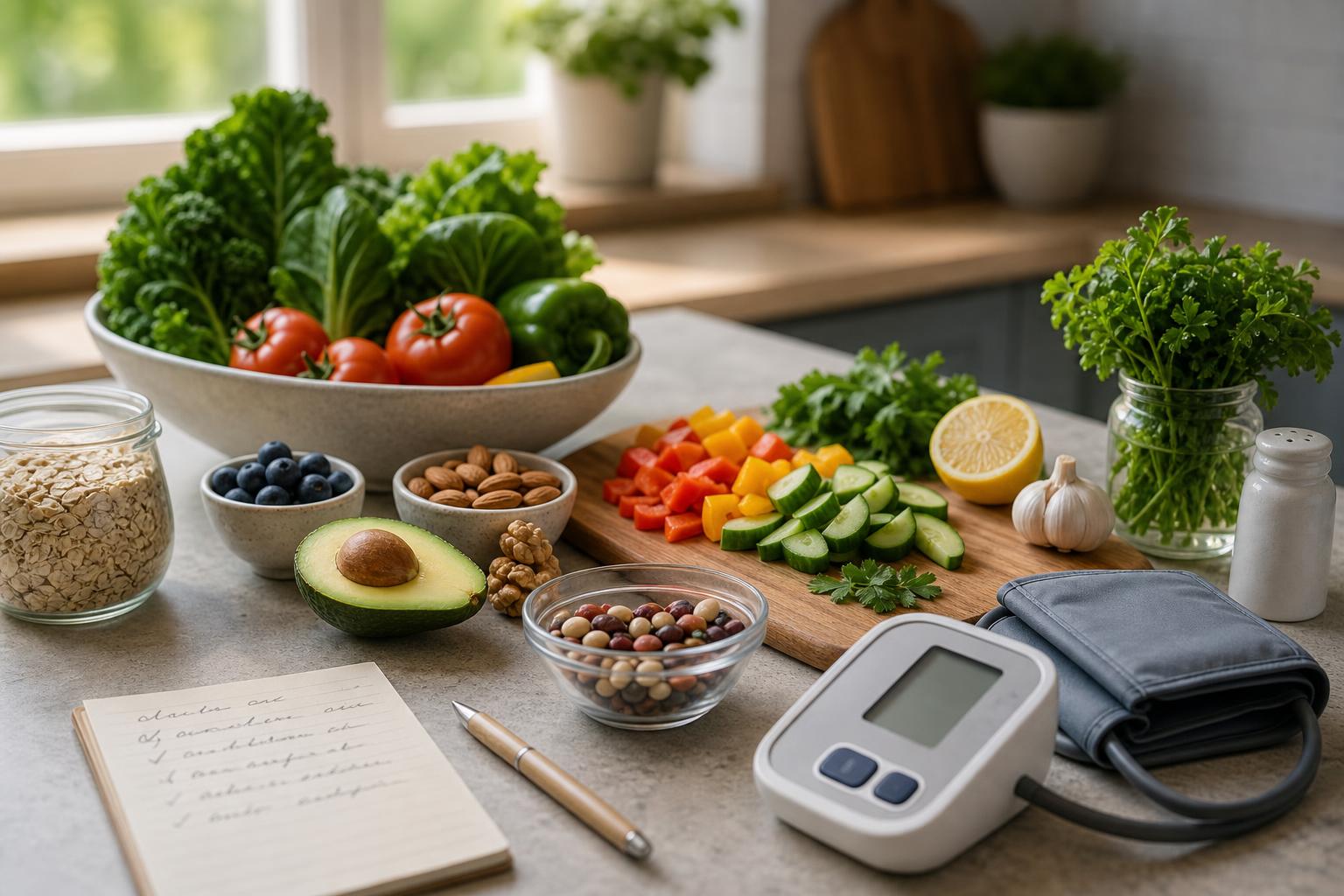 Fresh vegetables, berries, and whole grains arranged on a kitchen counter next to a blood pressure monitor