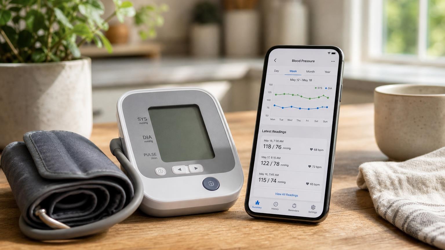 A home blood pressure monitor beside a simple notebook for tracking repeated readings