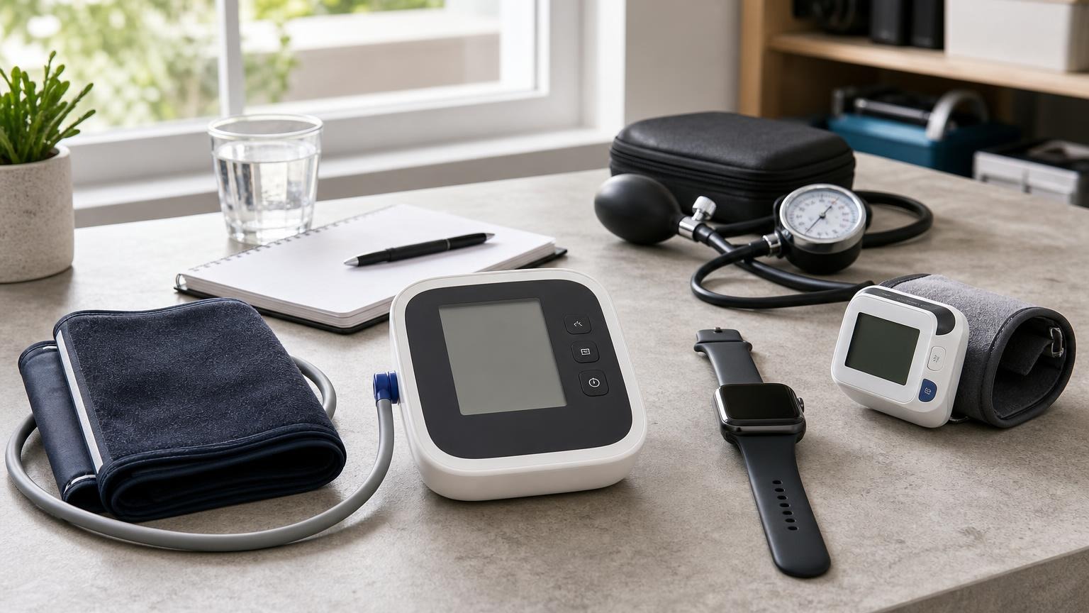 Several automatic upper-arm blood pressure monitors and cuffs arranged on a bright home table