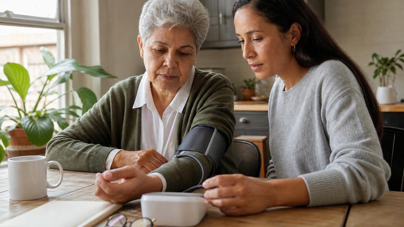 Two adults at a kitchen table using a home blood pressure monitor with an upper-arm cuff