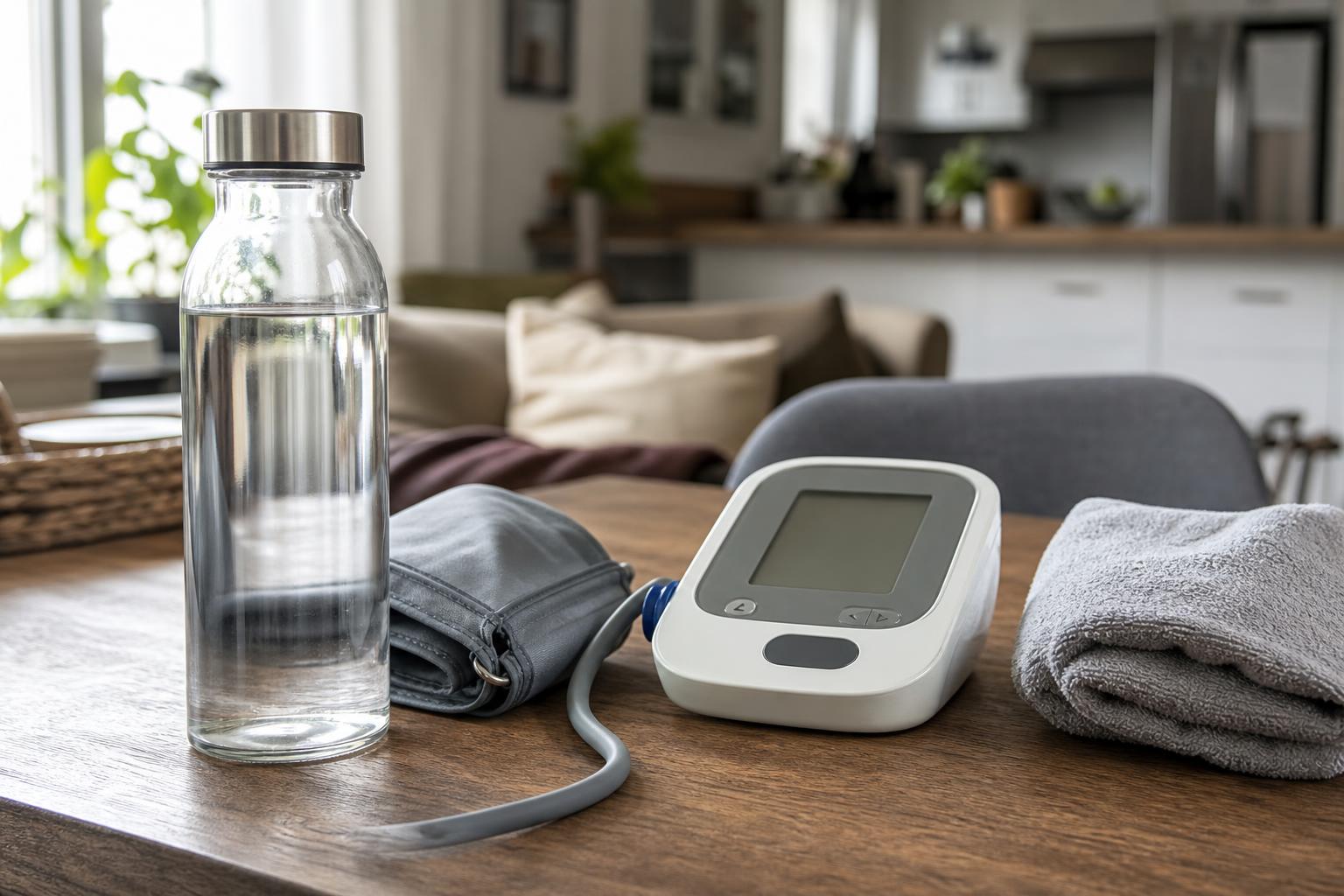 A person drinking water beside a home blood pressure monitor, illustrating the relationship between hydration and accurate readings