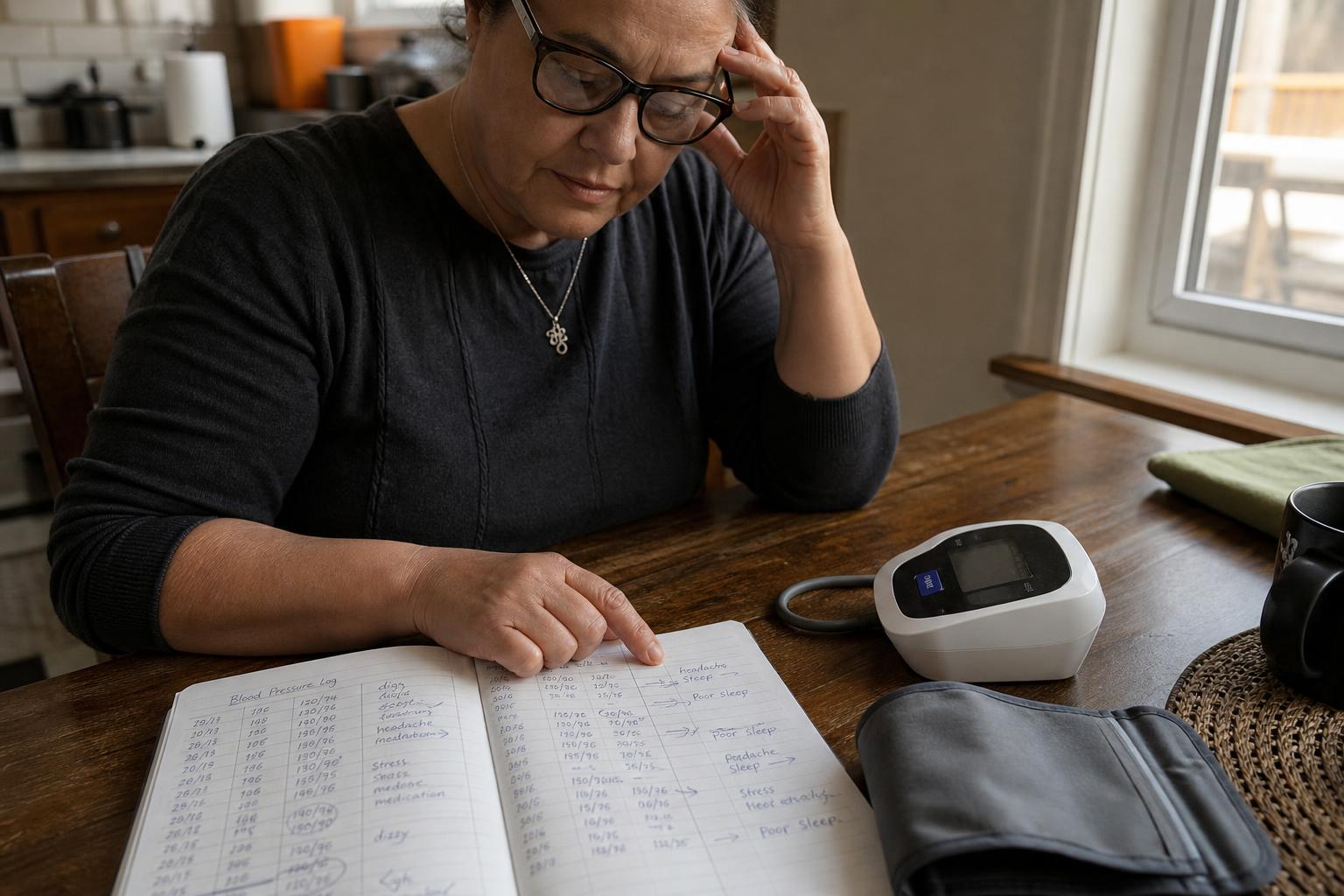 A home blood pressure monitor displaying a higher systolic number with a normal diastolic number