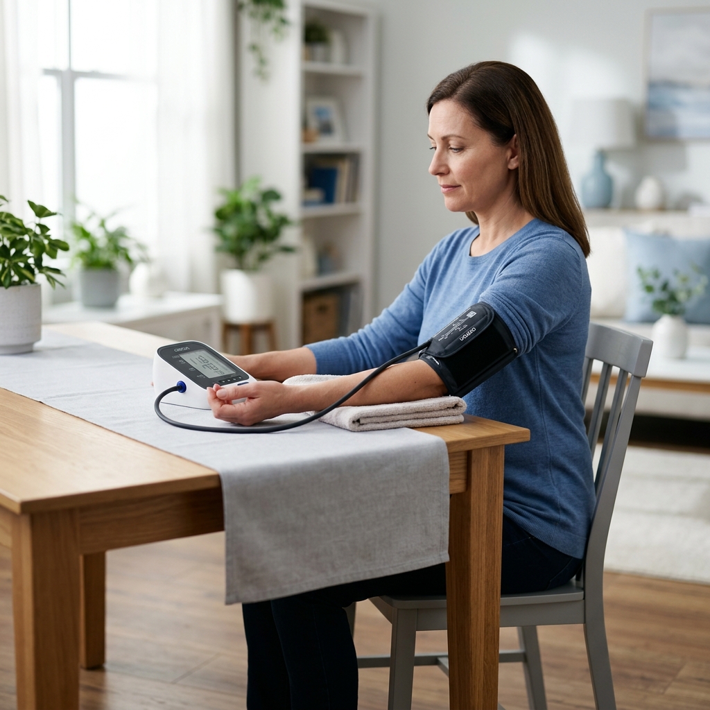 A person reviewing a home blood pressure monitor reading in a bright, calm home setting
