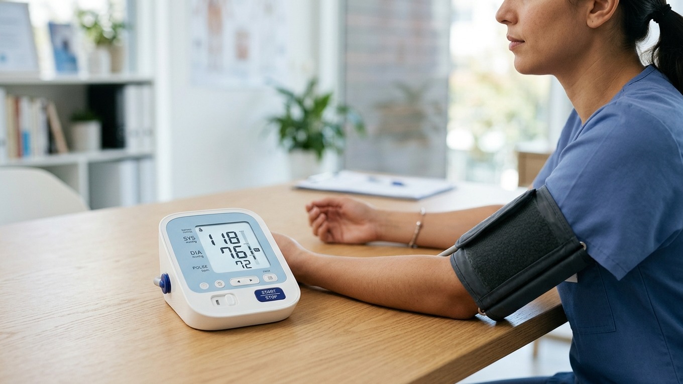 A home blood pressure monitor displaying a sample reading