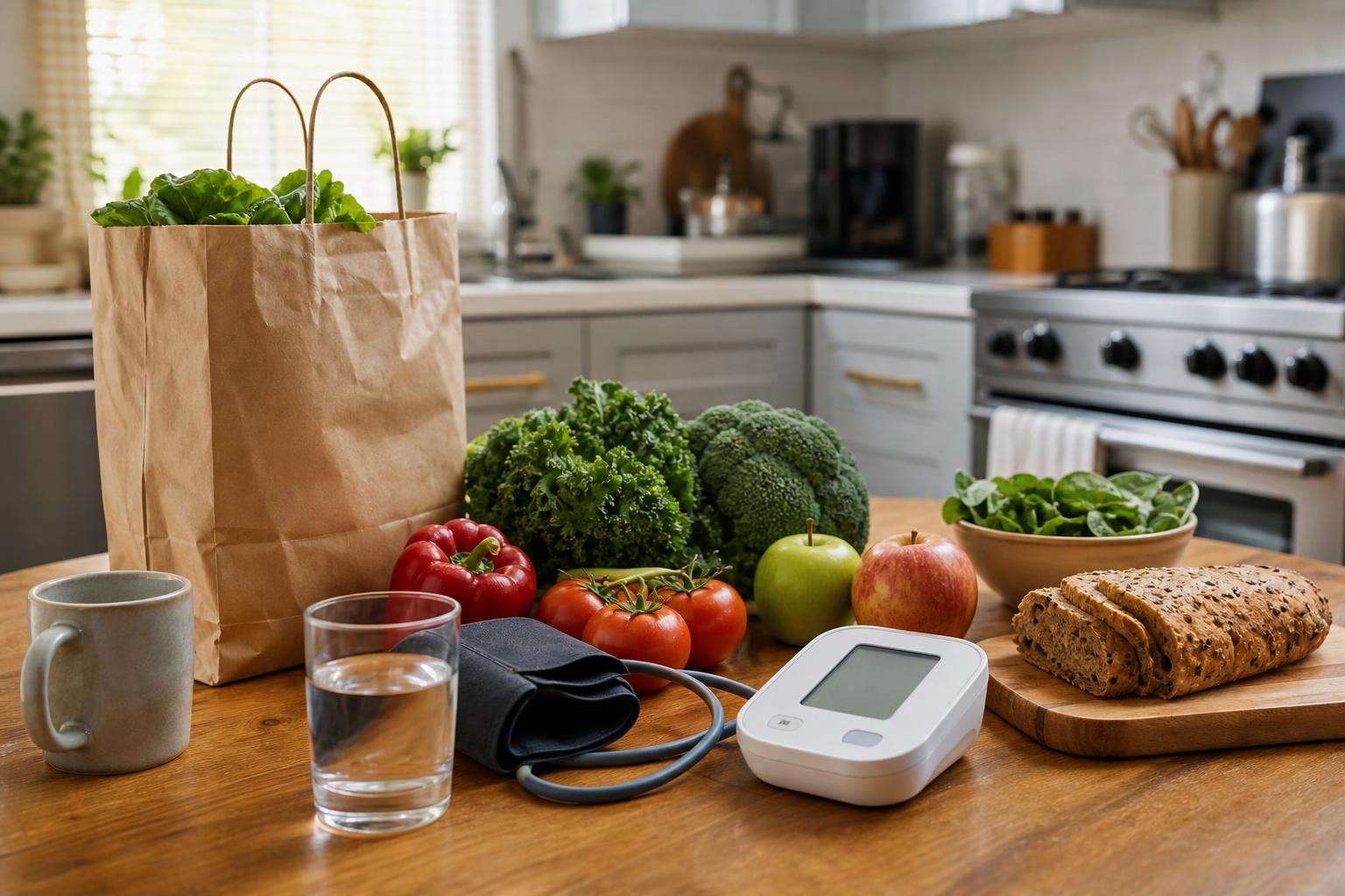 A home blood pressure monitor on a table used to track how lifestyle factors like alcohol can affect blood pressure