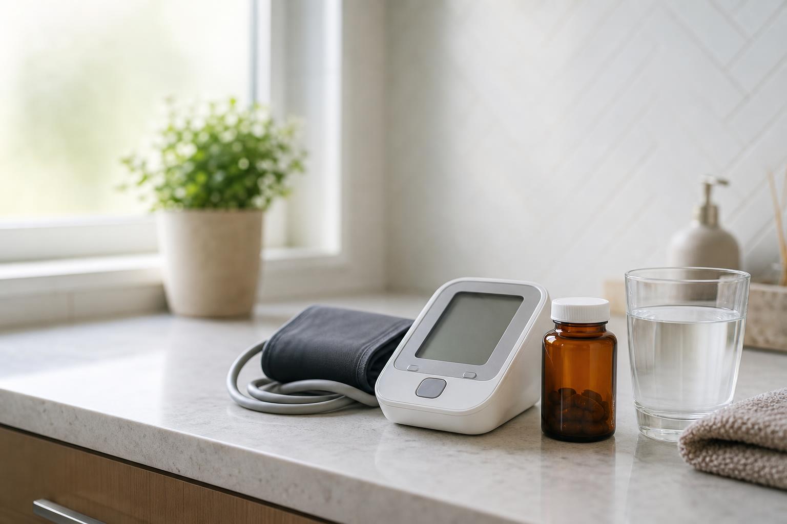 A home blood pressure monitor on a table, representing medication-related changes in blood pressure readings