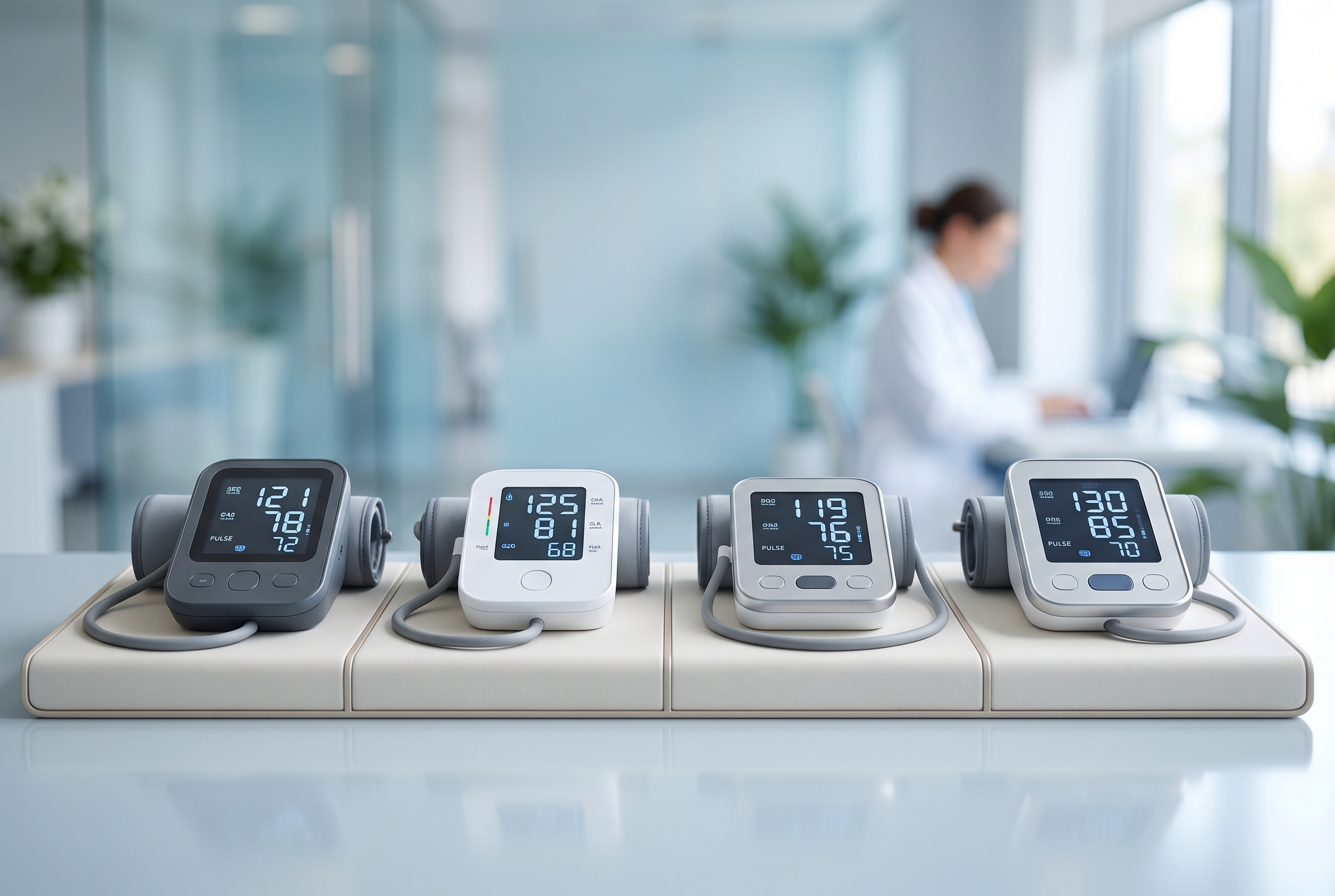 Several home blood pressure monitors arranged side by side in a bright clinical setting for comparison