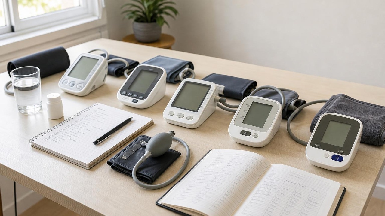 An automatic upper-arm blood pressure monitor, cuff, and batteries arranged on a bright home table
