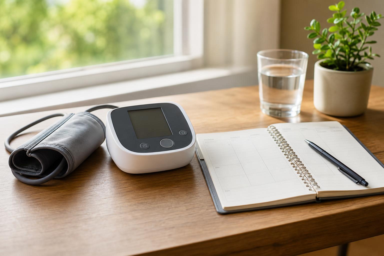 A home blood pressure monitor beside a simple weekly routine setup, illustrating a practical home monitoring schedule