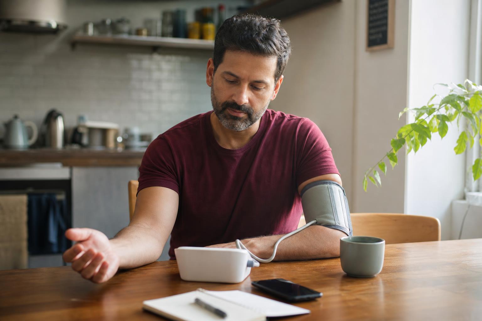 A person taking a blood pressure reading at home with their upper arm supported at heart level