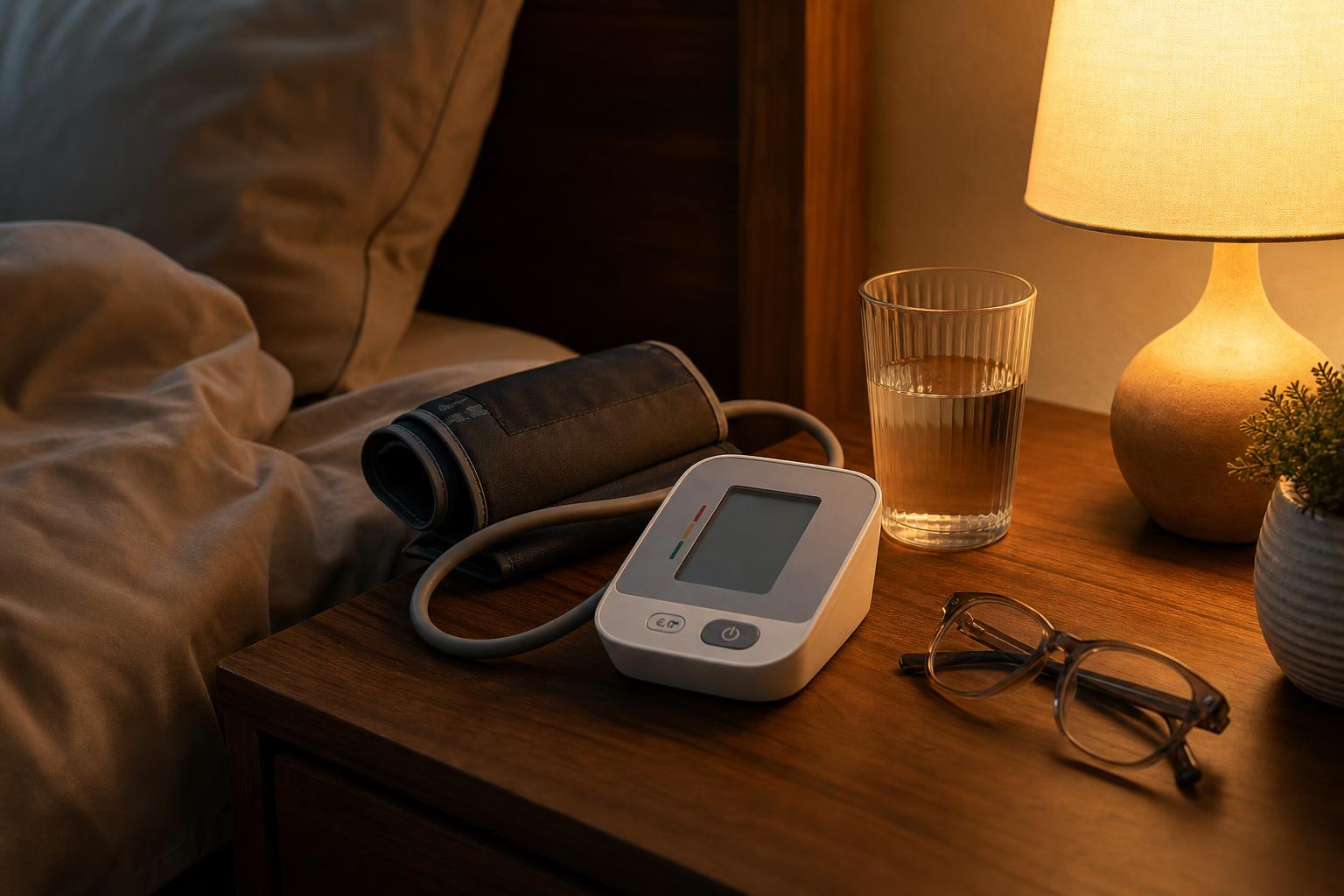 A bedside blood pressure monitor setup, illustrating the importance of nighttime blood pressure patterns