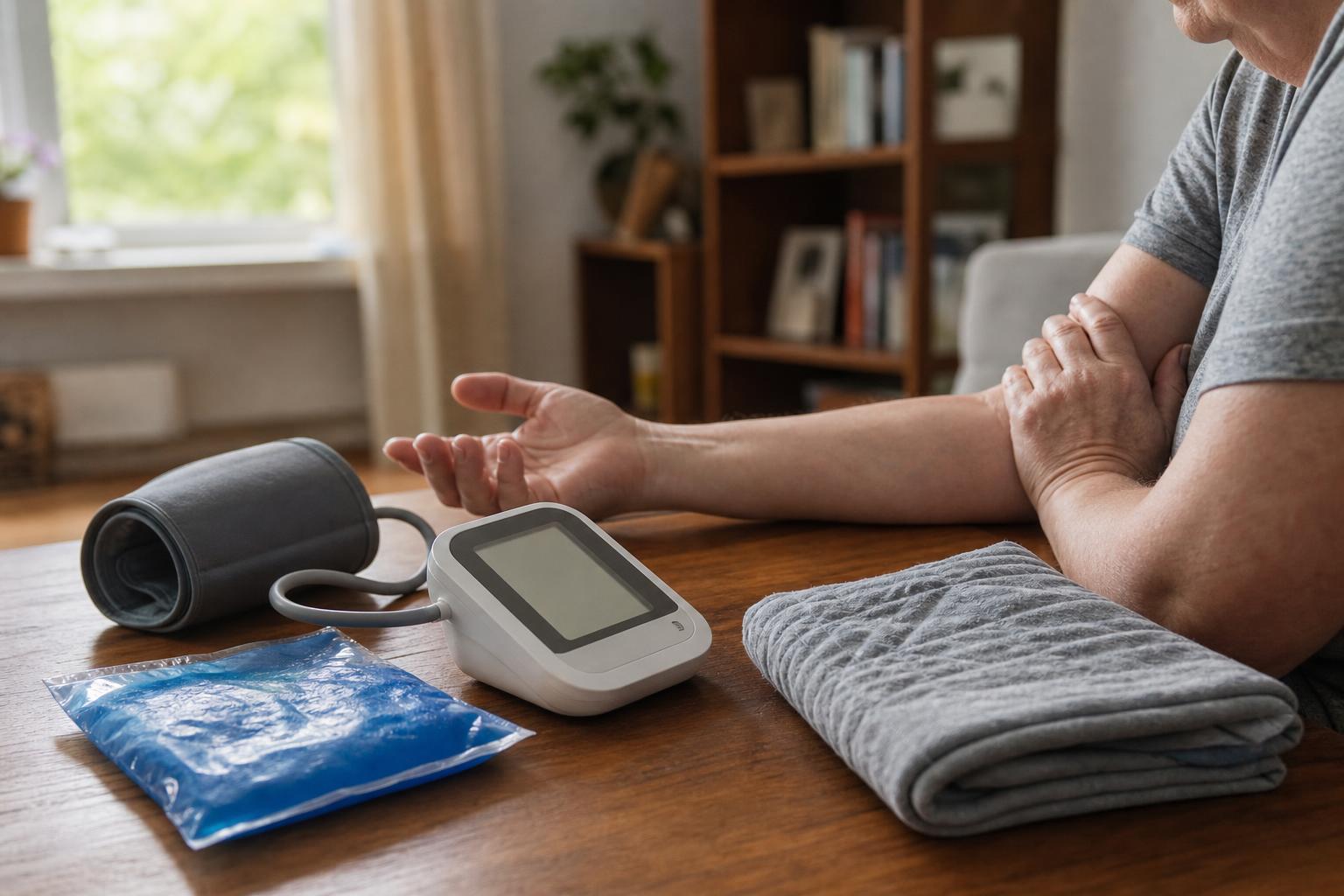 A person sitting at home with a blood pressure monitor while holding their shoulder in discomfort