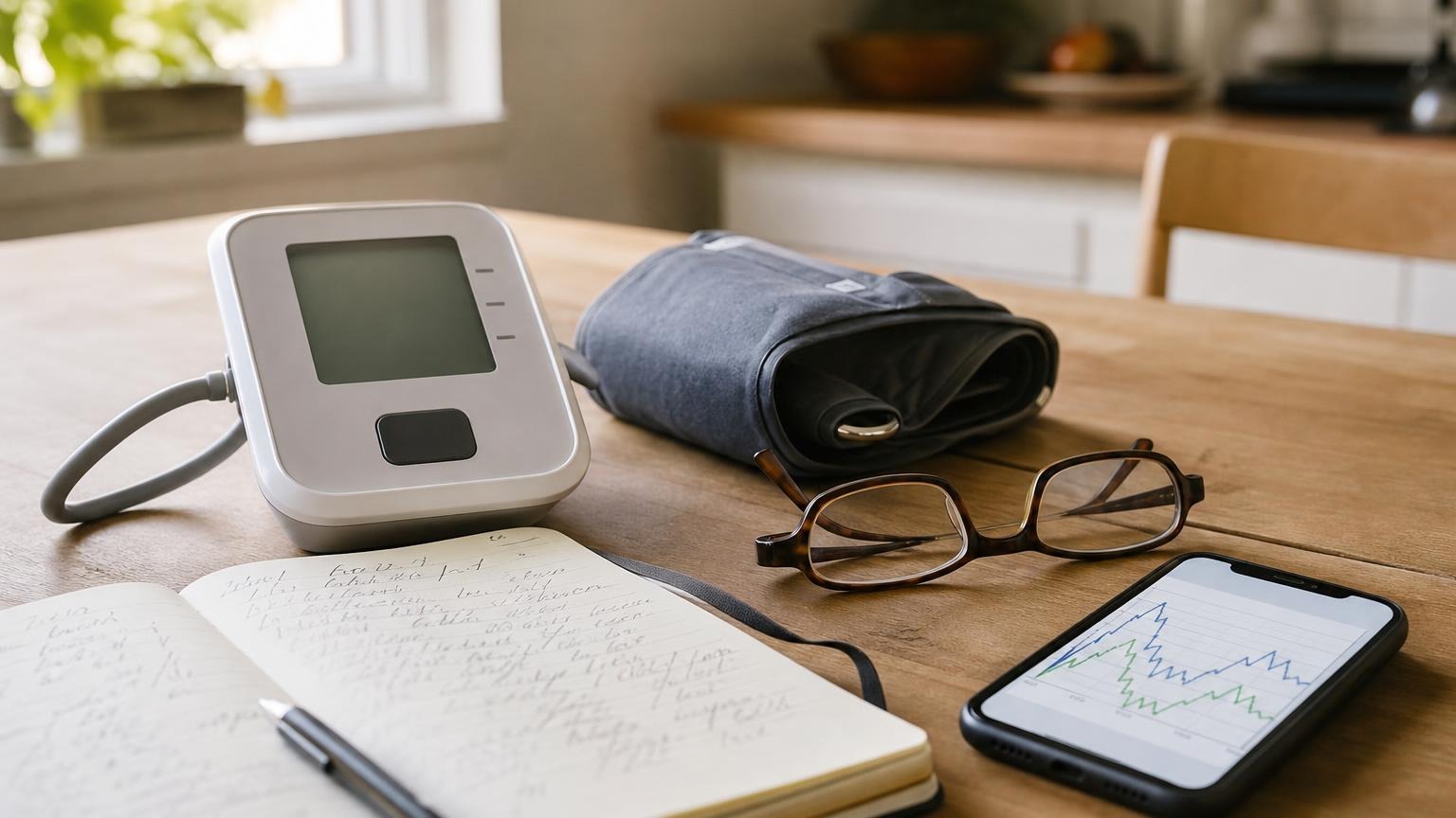 A home blood pressure monitor, cuff, paper log, and smartphone arranged on a table