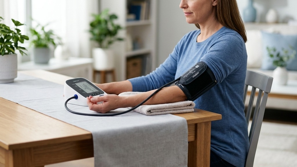 A home blood pressure monitor on a table during a blood pressure reading
