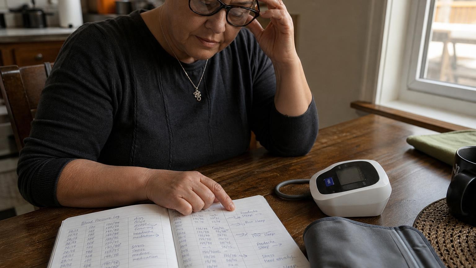 A home blood pressure monitor on a clean table in a bright home-health setting