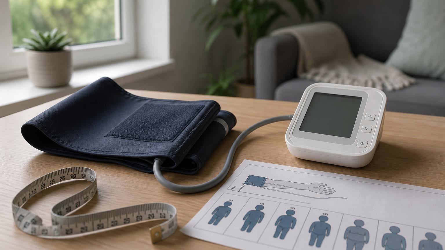A person adjusting an upper-arm blood pressure cuff on bare skin while seated at a home table