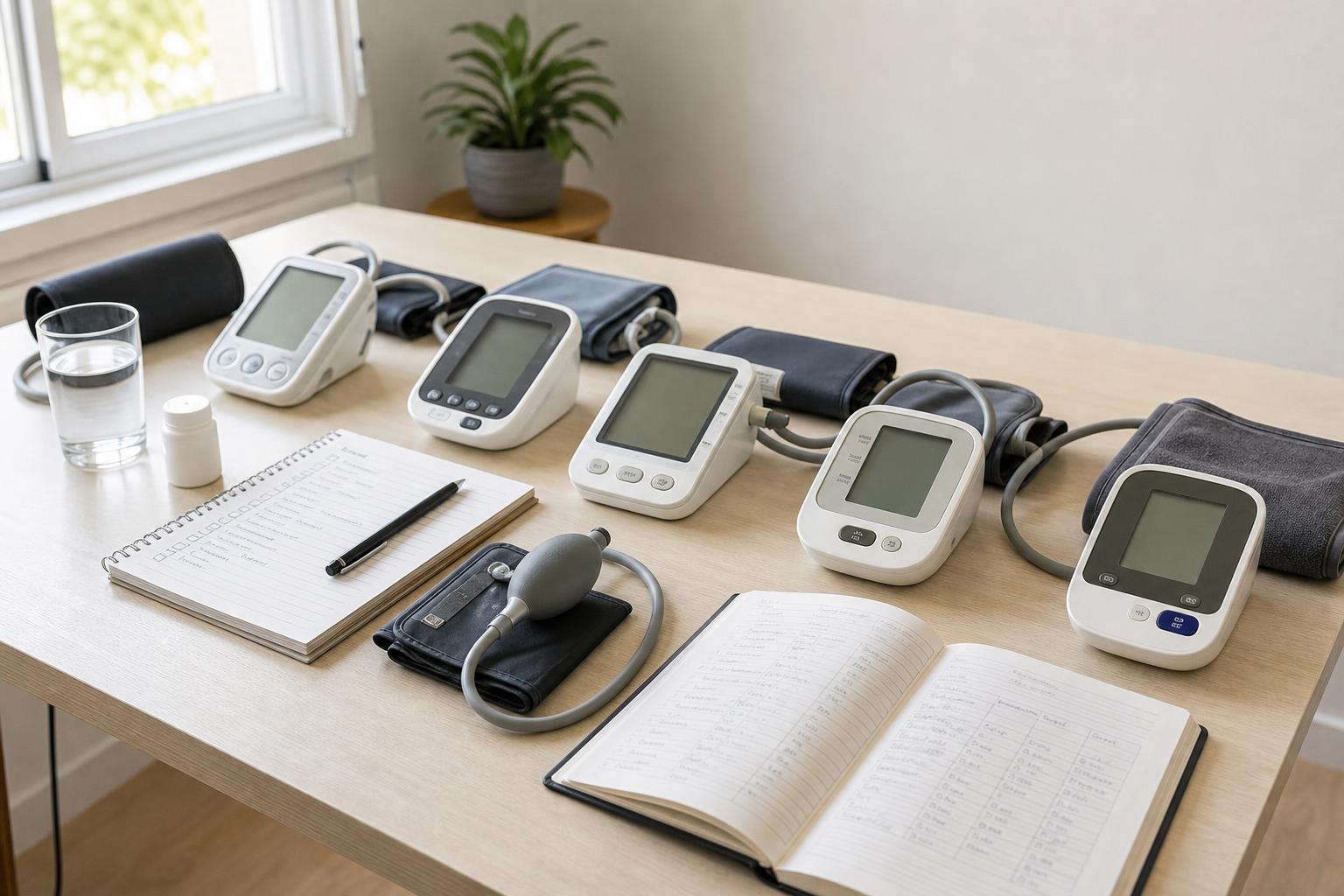 Several home blood pressure monitors arranged on a bright table with cuffs and a notebook for checking reading consistency