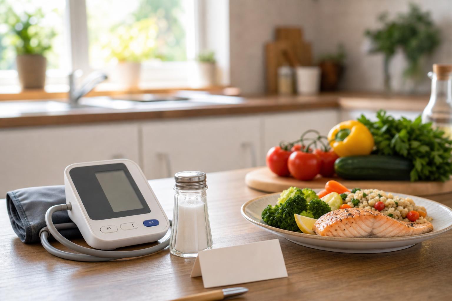 Salt shaker next to blood pressure monitor, illustrating the relationship between dietary sodium and hypertension management