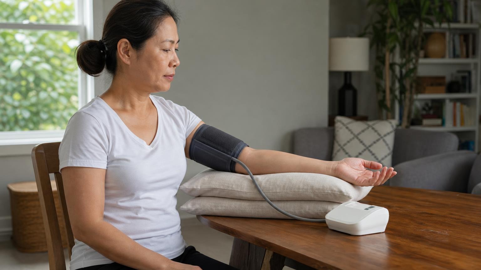 A person using a home blood pressure monitor while seated at a table in a bright home setting