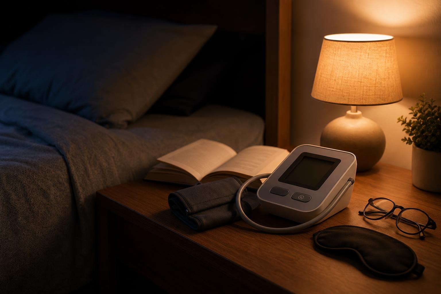 A home blood pressure monitor on a bedside table beside a clock, illustrating the connection between sleep and blood pressure