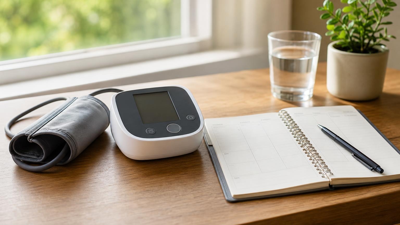 An upper-arm blood pressure monitor on a clean home table beside a notebook