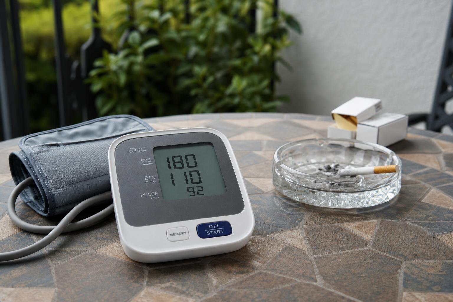 A home blood pressure monitor beside a cigarette pack, illustrating the effect of smoking on blood pressure