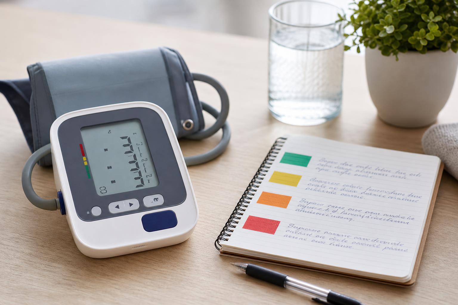A home blood pressure monitor beside a simple stages reference setup on a calm desk, illustrating normal, elevated, and hypertension ranges