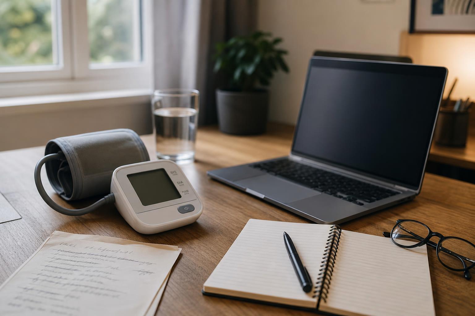 A home blood pressure monitor on a desk beside workday items, illustrating how stress can affect blood pressure readings