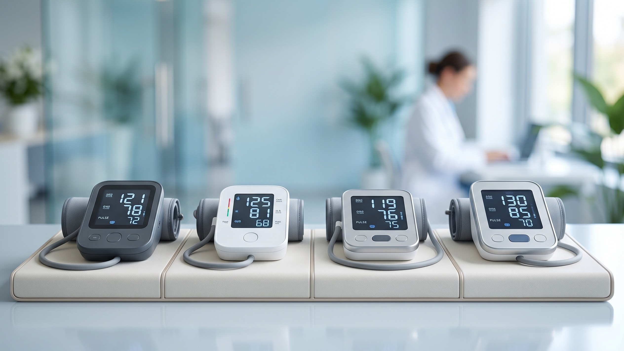 Four home blood pressure monitors arranged side by side for comparison
