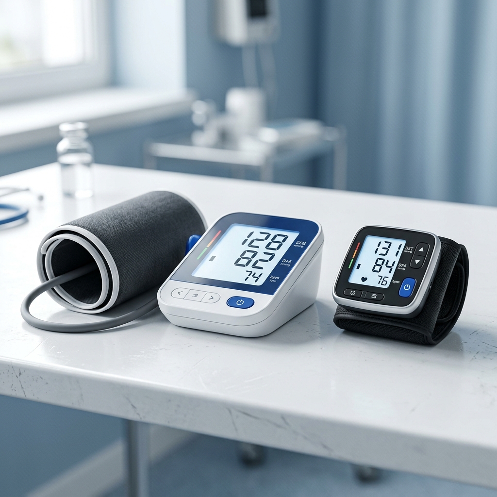 An upper-arm blood pressure cuff and a wrist monitor side by side on a clean white surface
