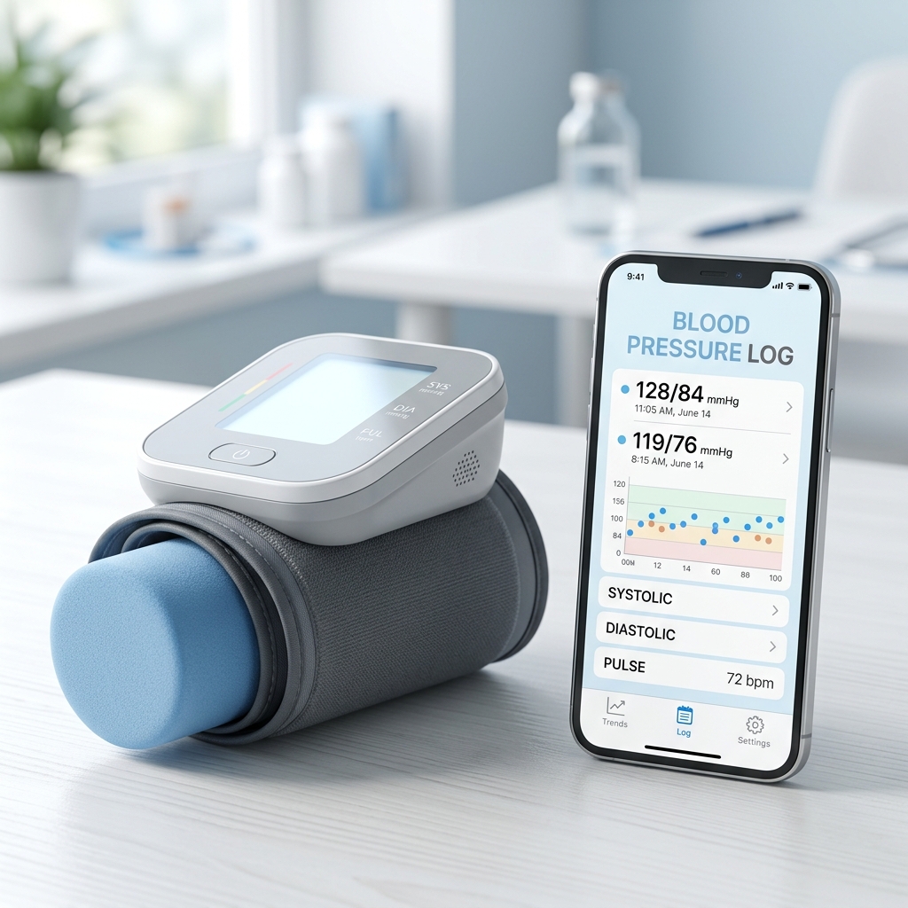 Several home blood pressure monitors arranged for comparison in a bright clinical setting