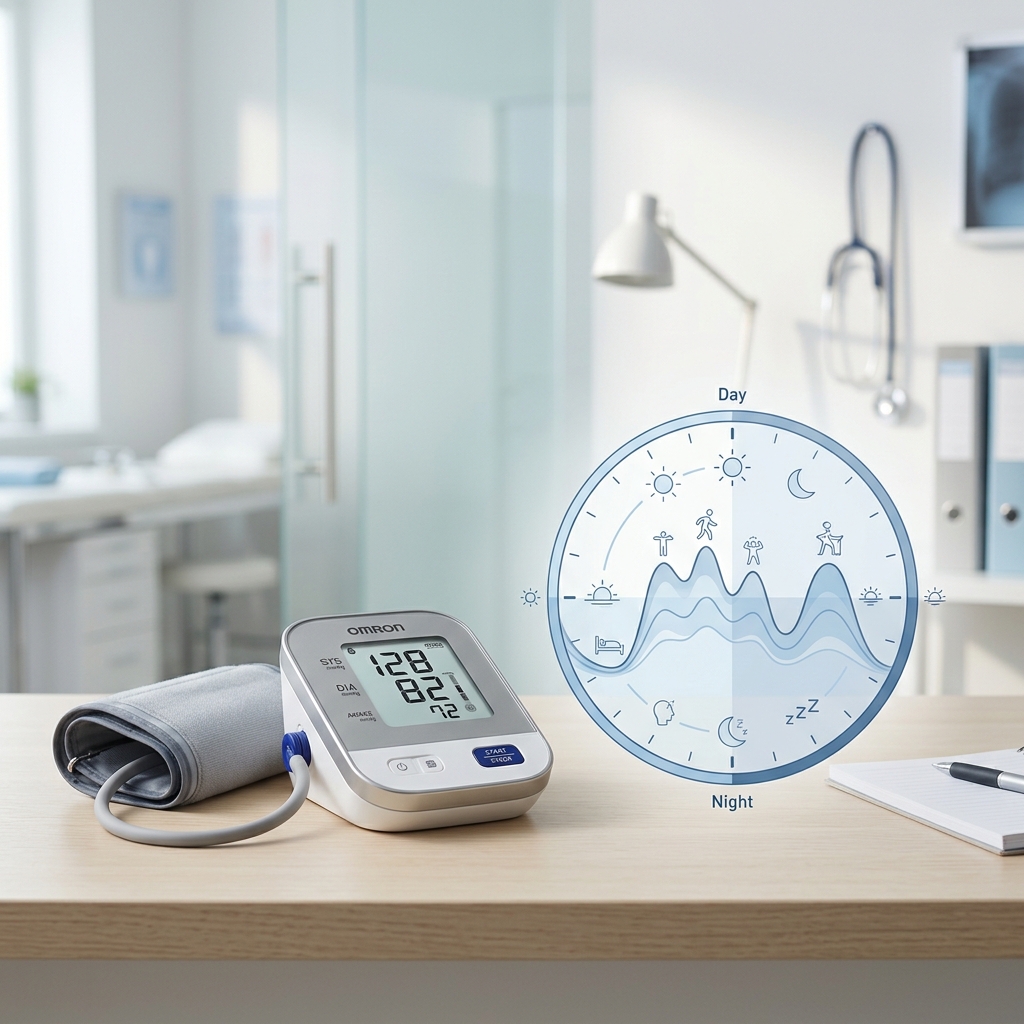 A blood pressure monitor beside a daily rhythm chart in a bright clinical setting