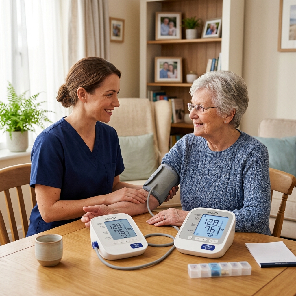Several home blood pressure monitors arranged for comparison in a bright clinical setting