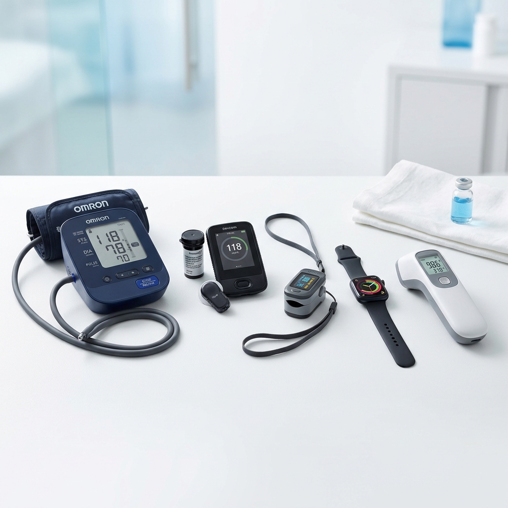 A comparison of home health monitoring devices arranged on a clean medical-style surface