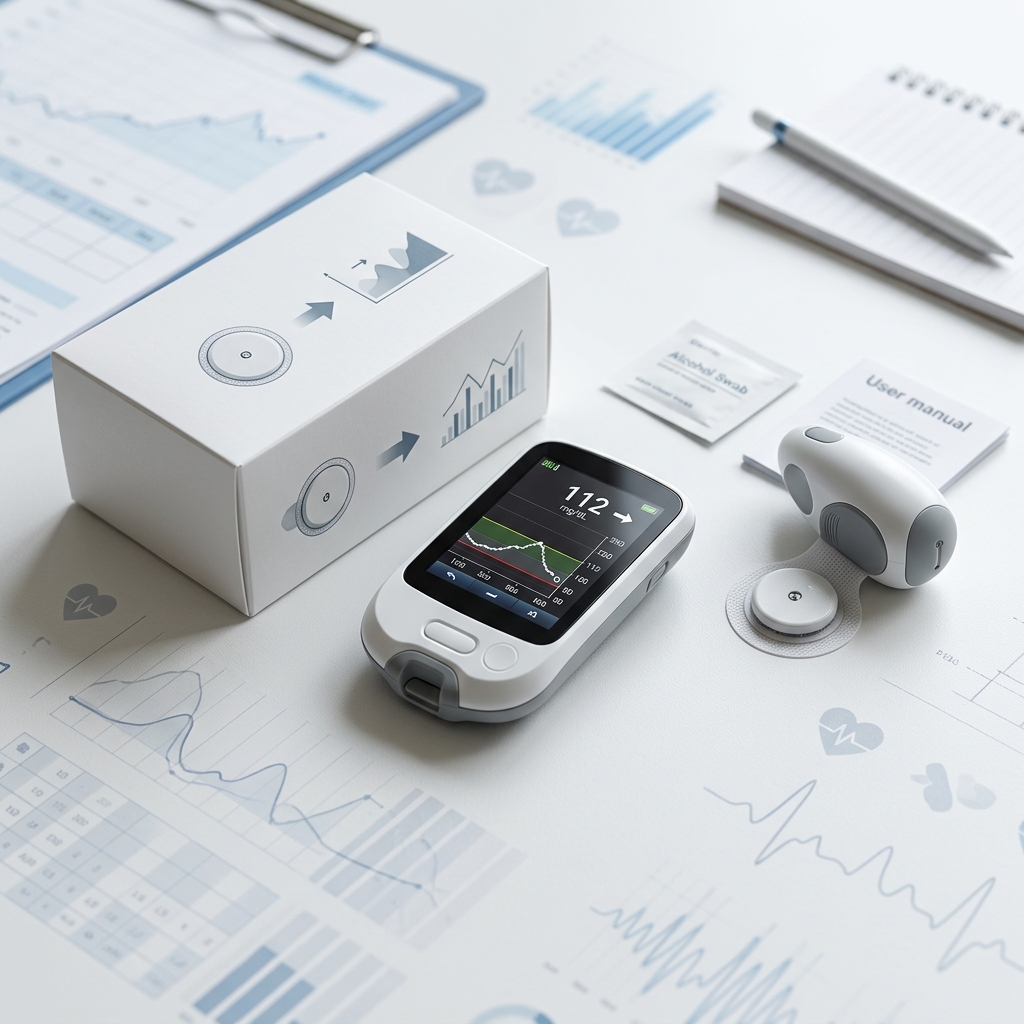 A modern glucose monitor and accessories arranged in a clean clinical setting