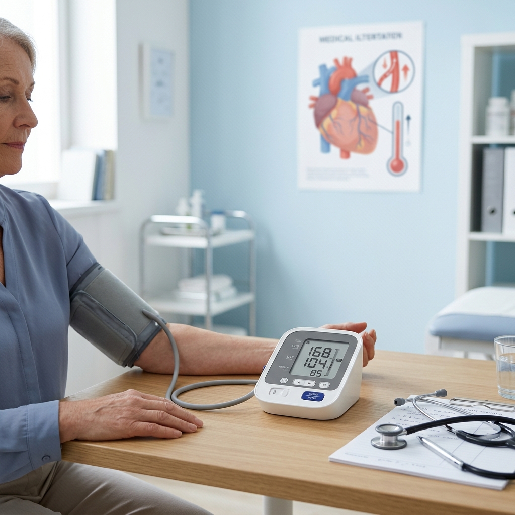 A blood pressure monitor and anatomical heart illustration in a clean medical editorial setting