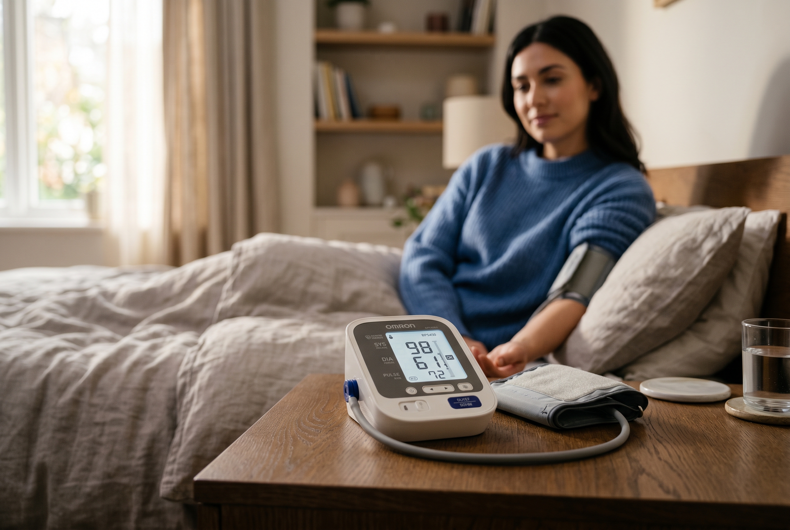 A blood pressure monitor displaying a reading below 90/60 mmHg on a bedside table