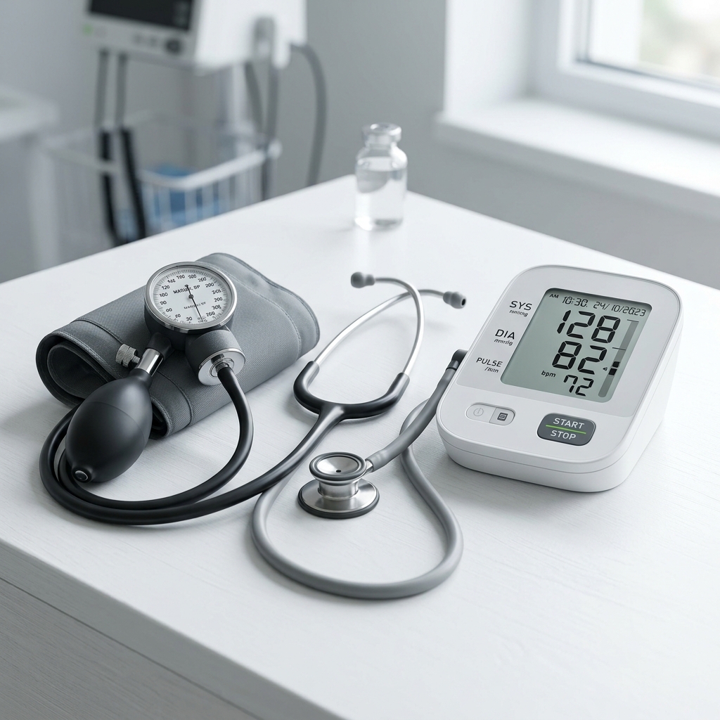 A manual blood pressure cuff and an automatic digital monitor displayed side by side in a medical-style setting