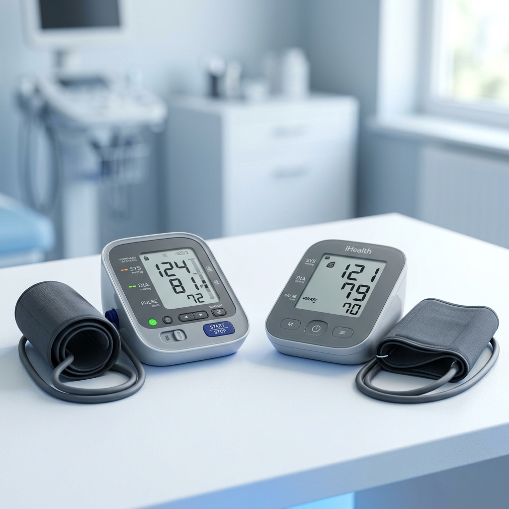 Several home blood pressure monitors arranged for comparison in a bright clinical setting